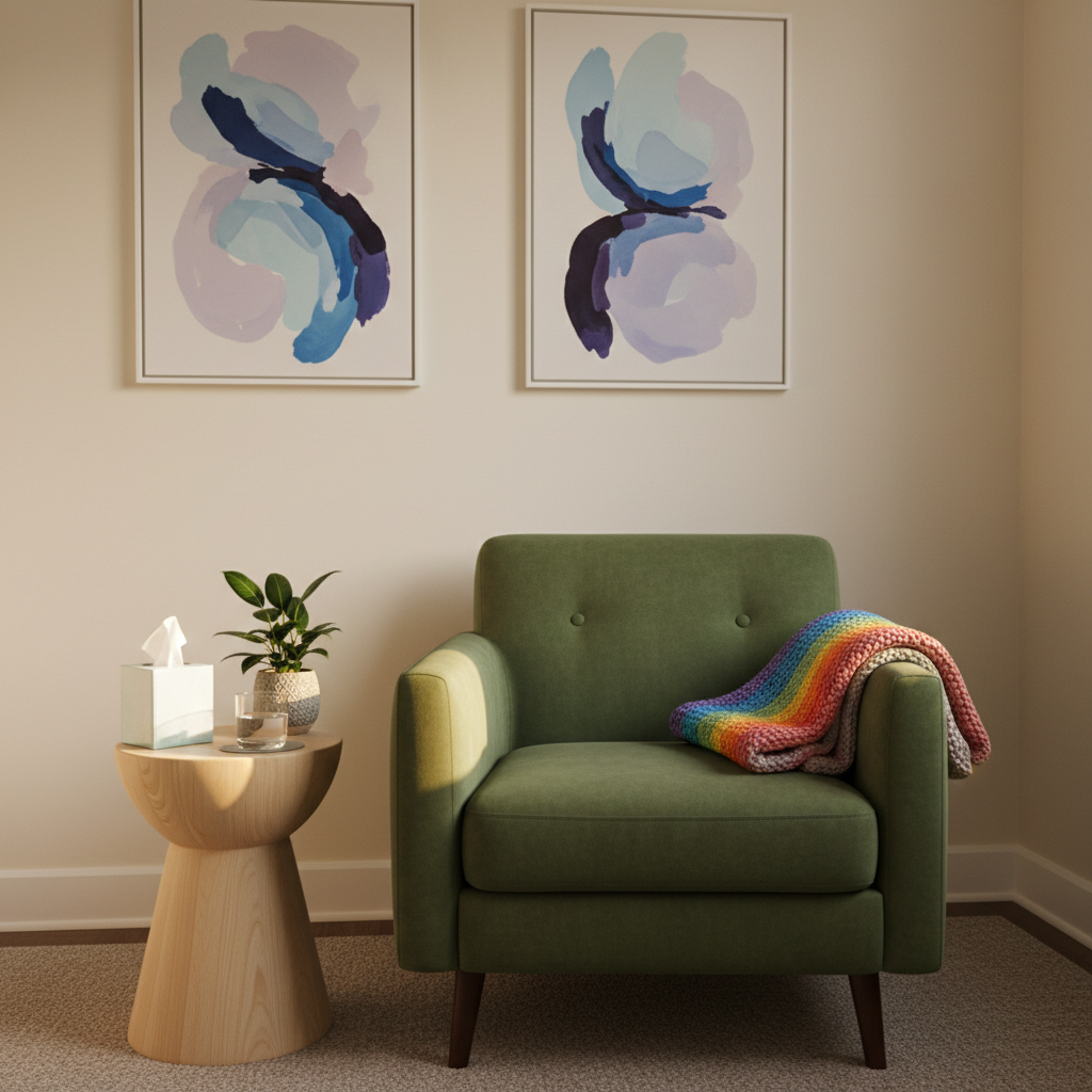 A cozy, minimalist counseling room without any people, centered on a plush, moss-green armchair with a textured fabric and a neatly folded, rainbow-striped knit throw draped over the arm. A small round side table in light birch holds a box of soft tissues, a glass of water catching the light, and a tiny potted plant with glossy leaves. Warm, diffused afternoon light enters from an unseen window, illuminating soft cream walls adorned with abstract art in soothing blues and purples. Captured in photographic realism at a slightly wide, eye-level angle, the space feels affirming, trauma-informed, and safe, with a calm, grounded mood that supports mental health and LGBTQ+ inclusion.