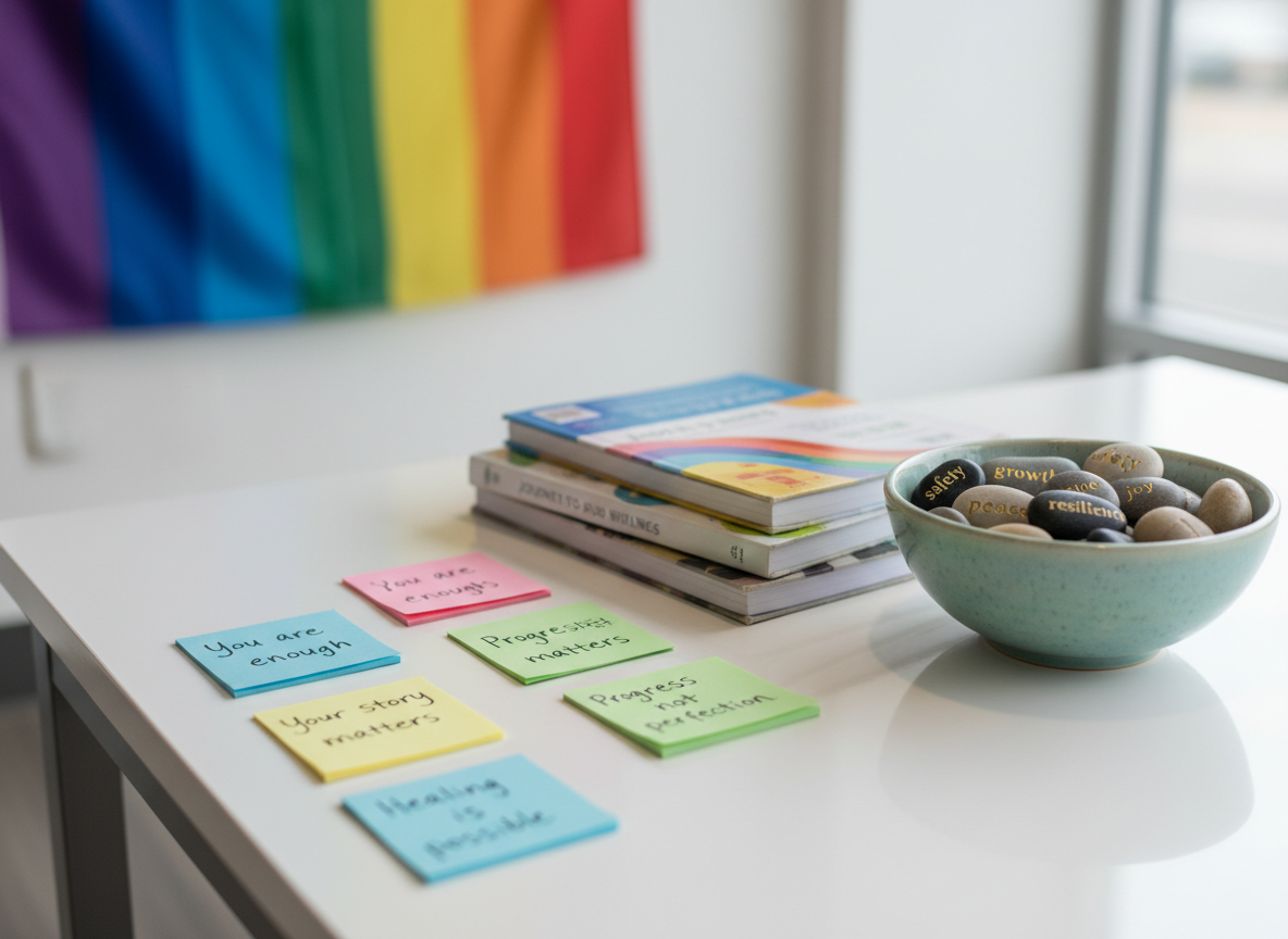 A collection of colorful therapy tools arranged on a smooth white tabletop: a set of pastel sticky notes with handwritten, positive affirmations like “You are enough” and “Your story matters,” a small stack of well-worn mental health workbooks, and a ceramic bowl filled with polished stones engraved with words such as “safety,” “growth,” and “pride.” In the background, slightly out of focus, a soft rainbow flag pattern is subtly integrated into a fabric wall hanging. Gentle overcast window light creates soft highlights and minimal shadows. Shot from a slightly elevated angle in photographic realism with a clean, modern aesthetic, the composition feels empowering and hopeful, reflecting an affirming, LGBTQ+ trauma-informed environment.