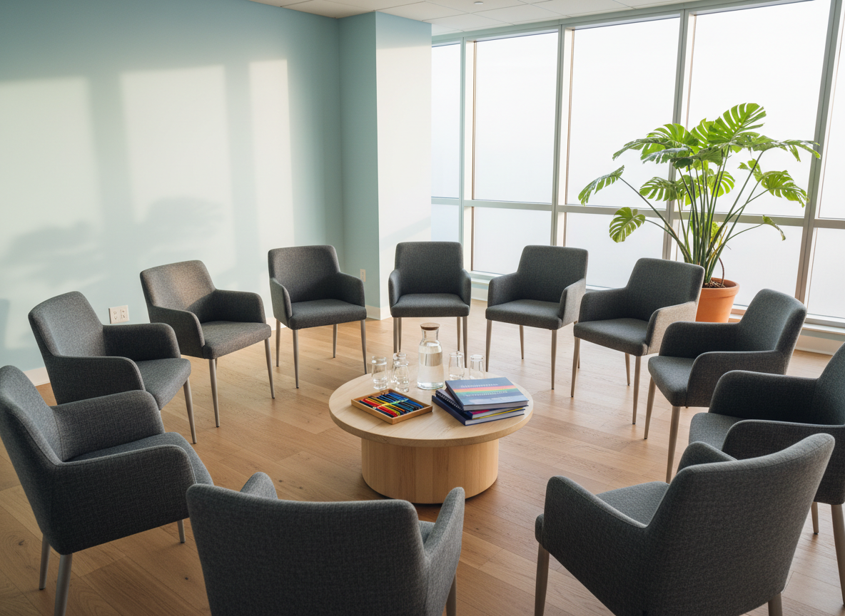 A serene group room designed for clinician consultation, featuring a circular arrangement of empty, modern chairs upholstered in soft charcoal fabric around a low, light-wood table. On the table sit a carafe of water, several clear glasses, a small tray with colorful pens, and a neat stack of training manuals titled “Trauma-Informed Practice” and “LGBTQ+ Clinical Competence.” Large windows along one wall let in diffused late-afternoon light, illuminating pale blue walls and a large indoor plant with broad green leaves. Photographic realism with a wide-angle, eye-level composition emphasizes the circle’s inclusivity and openness. The atmosphere is professional yet warm, signaling a safe, collaborative space for clinicians to grow together.