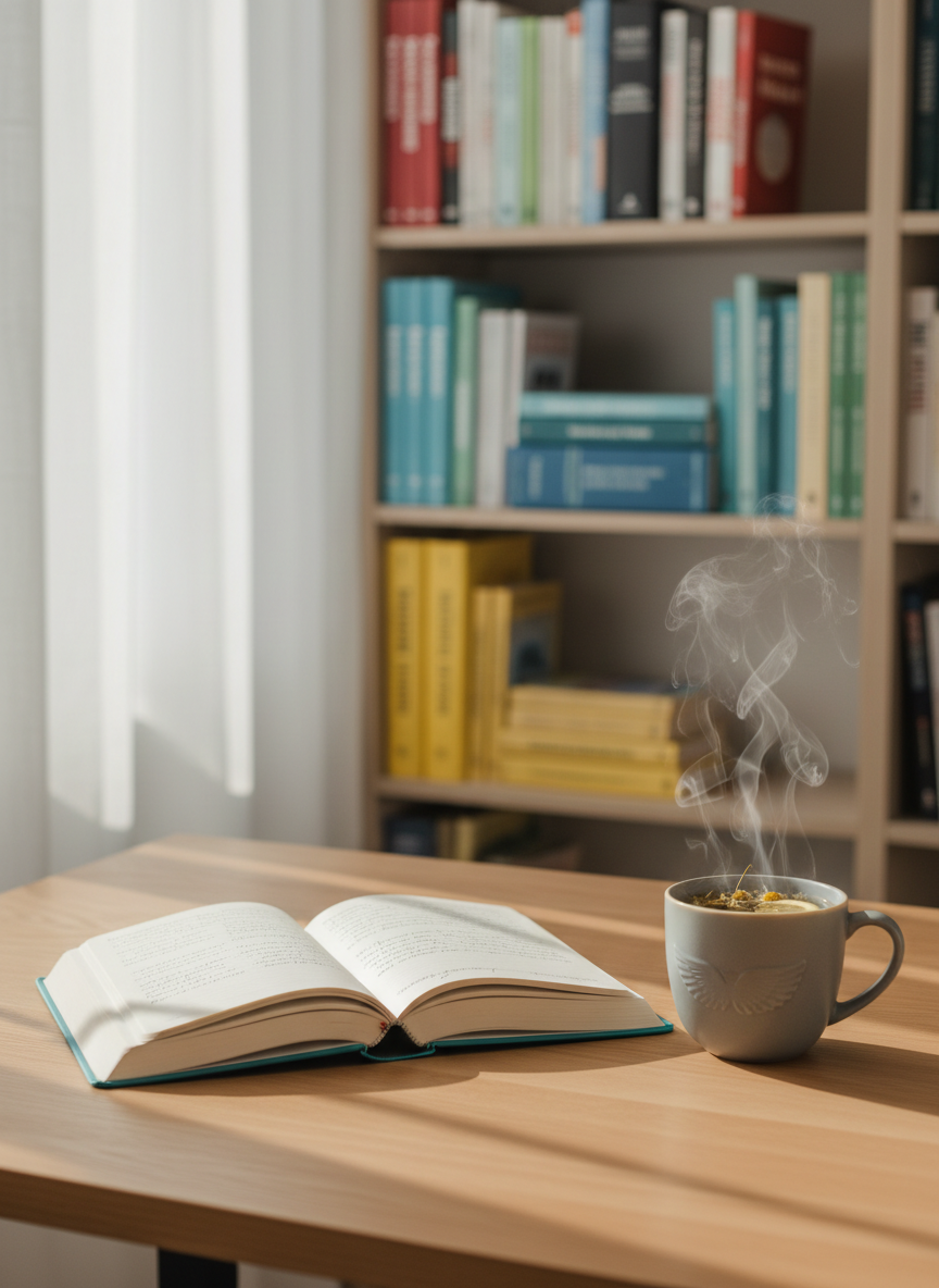 A neatly arranged therapy workspace featuring an open hardcover journal with thick, cream pages and a smooth, matte teal cover embossed with a subtle wing motif, resting on a pale oak desk. Beside it lies a soft gray ceramic mug of herbal tea, steam curling gently upward. In the background, a blurred bookshelf displays colorful spines labeled with topics like “trauma-informed care” and “LGBTQ+ affirming practice.” Soft morning light filters through sheer curtains, casting a calm, even glow and delicate shadows. Photographic realism at eye level with a shallow depth of field creates a serene, professional atmosphere that feels safe, grounded, and inviting, ideal for a mental health website homepage.